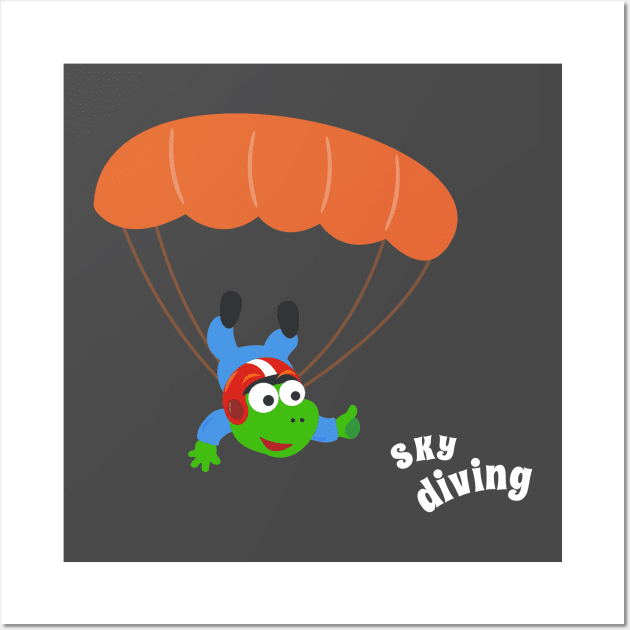 cartoon illustration of skydiving with litlle dinosaur Wall Art by KIDS APPAREL